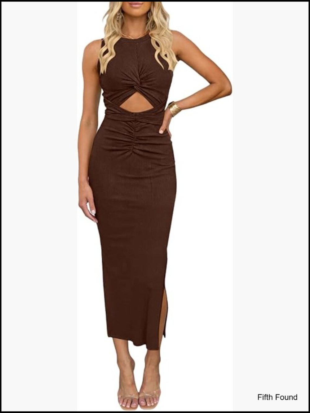 Sleeveless Ruched Bodycon Maxi Dress with Side Slit